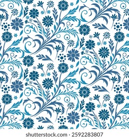 blue seamless floral pattern with intricate vintage elements for textile and wallpaper
