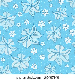 Blue Seamless Floral Pattern. Light Faded Flower Background