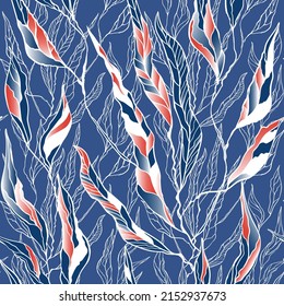Blaues, nahtloses Blumenmuster mit langen roten Blättern auf quadratischem Hintergrund. Die vertikale Richtung des Musters. Verwendet für den Druck auf Papier, Stoff, Verpackung, Tapete. EPS10.