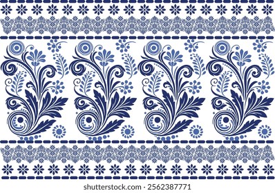 blue seamless floral pattern with tulip blossoms, leafy accents, and a traditional frame design for fabric background, textile prints, and refined pattern artwork