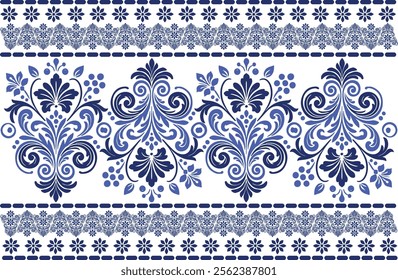 blue seamless floral pattern with tulip motifs, ornamental leaf designs, and a vintage border for textile background, fabric prints, and timeless pattern designs