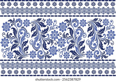 blue seamless floral pattern with tulip flowers, leaf motifs, and ornamental border design for textile background, fabric prints, and elegant decorative patterns