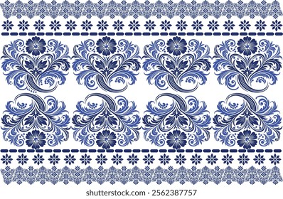 blue seamless floral pattern with vibrant tulip blooms, flowing leaf patterns, and a traditional border design for fabric background, textile designs, and timeless print patterns