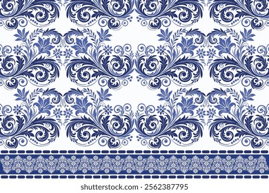 blue seamless floral pattern with vintage tulip motifs ornamental leaves and traditional border design for textile fabric background and fashion prints