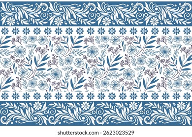 blue seamless floral repeat. minimalistic line petals. outline sketch leaves. ornamental floral elements. hand drawn textile. fashion wallpaper design

