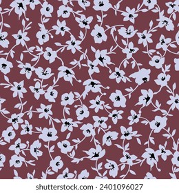 blue seamless floral vector flowers leaves pattern on maroon background