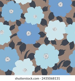 blue seamless floral vector flowers leaves pattern on cream background