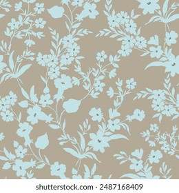 blue seamless floral vector flowers leaves pattern on cream background