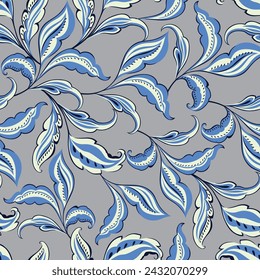 patrón de hoja de vector floral sin costuras azul sobre fondo gris