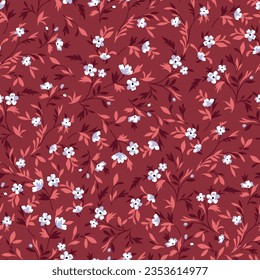 blue seamless floral vector small flowers leaves pattern on red background
