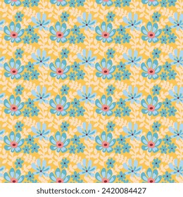 blue seamless floral vector small flowers with cream leaves pattern on yellow background