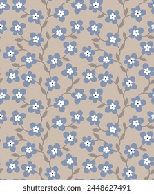 Vector floral sin costuras azul Pequeñas flores con patrón de hojas sobre fondo crema