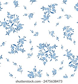 blue seamless floral vector small flowers leaves bunches pattern of white