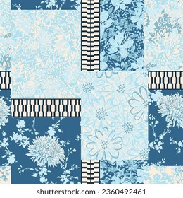 blue seamless floral vector texture flowers leaves bandanna pattern on background