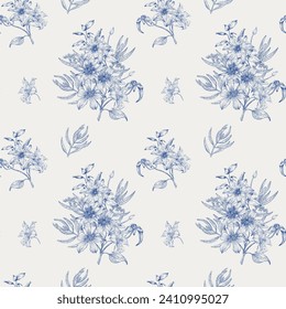 Blue seamless floral vector vintage pattern flowers of Clematis on beige. Hand drawn elements. Elegant floral background Textiles, paper, wallpaper decoration