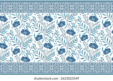 blue seamless flower sketch. outline botanical repeat. minimal floral stems. elegant textile art. modern embroidery background. one line floral border
