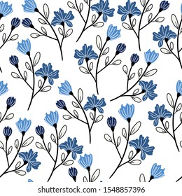 Blue seamless flowers pattern. Delicate petals and vibrant blossoms create an artistic and vintage botanical illustration. Perfect for wallpaper, fabric, wrapping paper and more.