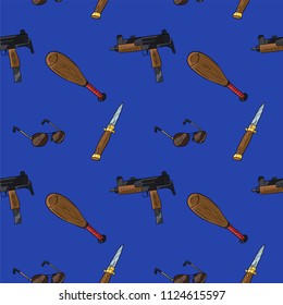 Blue seamless gangster pattern. Background with vector objects of gangster theme.