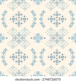 Blue seamless geometric ethnic pattern, minimal tribal diamond ornament, subtle boho textile background, motif fabric, repeating pattern, indigo blue wallpaper
