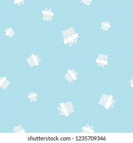 Blue seamless gift pattern.  Giveaway holidays repeated pattern, present boxes illustration. Abstract wallpaper, wrapping paper print