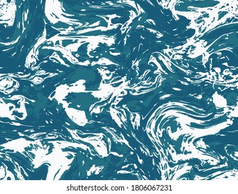 Fondo del vector Gouache Azul sin Marea. Paint Gunge Azul Brillante Ebru. Papel de fondo gráfico de color de repetición en blanco. Tinta De Pintura De Aceite Sin Marea De Cian. Arte Azul Pastel.