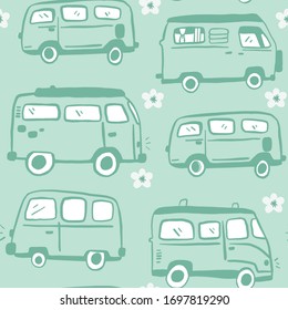 Blue Seamless Hand Drawn 70s Hippie Van Pattern. Bus and flower repeat pattern. White Background.