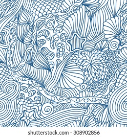 Blue seamless hand drawn pattern with marine doodle elements