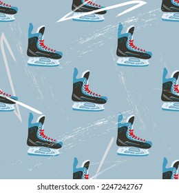 Blue seamless ice hockey pattern with skates. White skate marks on the ice.