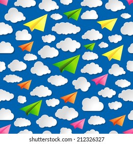 blue seamless illustration pattern of paper airplanes with clouds