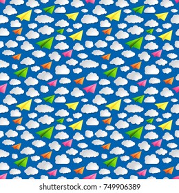 blue seamless illustration pattern of paper airplanes with clouds