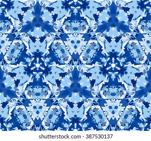 Blue seamless kaleidoscope pattern. Seamless pattern composed of color abstract elements located on white background. Useful as design element for texture, pattern and artistic compositions. Vector illustration.