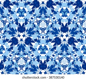 Blue seamless kaleidoscope pattern. Seamless pattern composed of color abstract elements located on white background. Useful as design element for texture, pattern and artistic compositions. Vector illustration.
