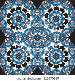Blue Seamless Mandala Wallpaper. Round frame Mandala. Circular Ornamental Pattern. Vintage decorative elements. Hand drawn background. Islamic, Arabic, Indian, Ottoman, Asian motifs. Endless pattern.