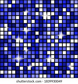 Blue seamless mosaic shimmer background. Sparkle glitter backdrop. Disco ball texture wallpaper. Vector Illustration.