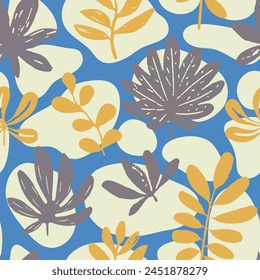 Blue Seamless Nature Garden Template Print. Green Repetitive Doodle Flora Invitation, Seamless Design. White Continuous Color Tropic Element Pattern. 