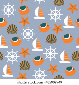 blue seamless nautical pattern with tropical fishes