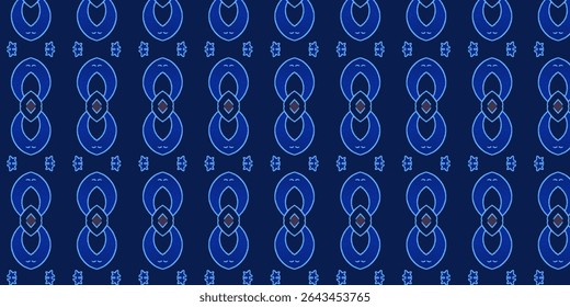 Blue seamless neon-style abstract pattern with symmetry and modern decorative shapes. Ideal for futuristic themes. Features blue, neon, seamless, abstract, pattern.
