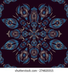 Blue seamless oriental floral lace pattern peacock feathers