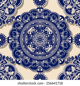 Blue seamless ornamental pattern with shadow effect
