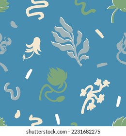 Blue seamless paper cut pattern with artistic leaves and flowers. For prints, backgrounds, wrapping paper, textile, linen, wallpaper, etc.
