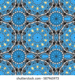Blue seamless pattern. Abstract geometric floral seamless background. Tribal ethnic ornate decoration, lace repeating texture. Vector doodle sketch pattern, graphic illustration. Blue background.