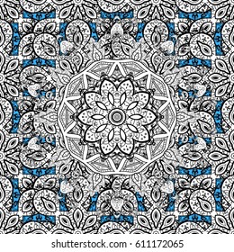Blue seamless pattern. Abstract geometric floral seamless background. Tribal ethnic ornate decoration, lace repeating texture. Vector doodle sketch pattern, graphic illustration. Blue background.