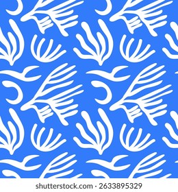 Padrão sem costura azul com formas abstratas no estilo Matisse. Verão marinho repetindo fundo com algas, corais, Mediterrâneo rapport. Fundo de design para têxteis, impressão, papel, embalagem. Vetor