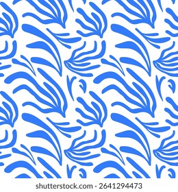 Blue seamless pattern with abstract shapes in Matisse style. Summer marine repeating background with algae, corals. Vector Mediterranean ornamental rapport. Design backdrop for textile, paper, wrappin