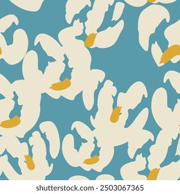 Blue seamless pattern with abstract white flowers. Vector square background, illustration, print, design. Japanese style