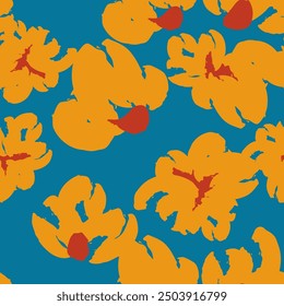 Patrón azul sin fisuras con flores abstractas amarillas. Fondo cuadrado de Vector, ilustración, impresión, diseño. Estilo japonés