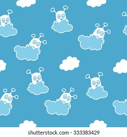 Blue seamless pattern with aliens hiding behind the clouds.