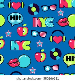 blue seamless pattern with american trendy color patches and stickers