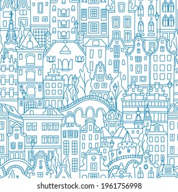 Blue Seamless pattern with Amsterdam canal and typical dutch houses, Holland, Netherlands.