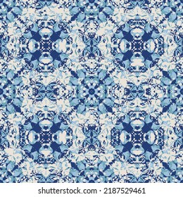 Blue seamless pattern. Artistic delicate soap bubbles. Lace hand drawn textile ornament. Kaleidoscope mandala lingerie print. 